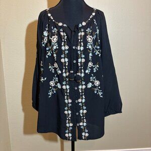 J.Jill Black White Blue Tunic Button Down Tassels